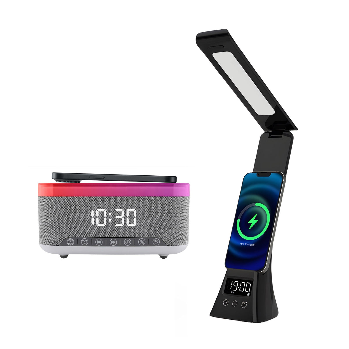 2-in-1 Charging & Illumination Set – Wireless Charging Alarm Clock Speaker + LED Desk Lamp Charger