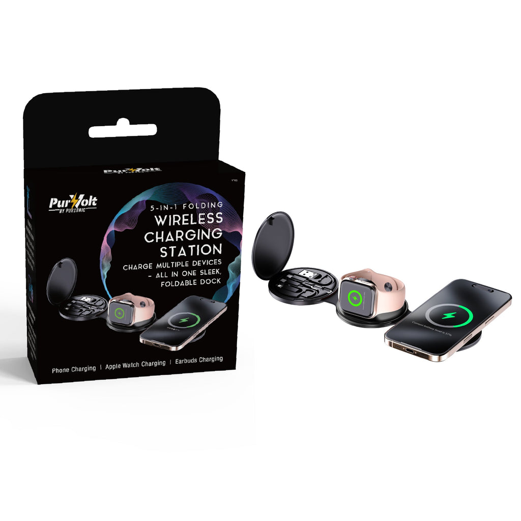 Power & Sound Essentials Bundle – 5-in-1 Folding Wireless Charging Station + True Wireless Earbuds